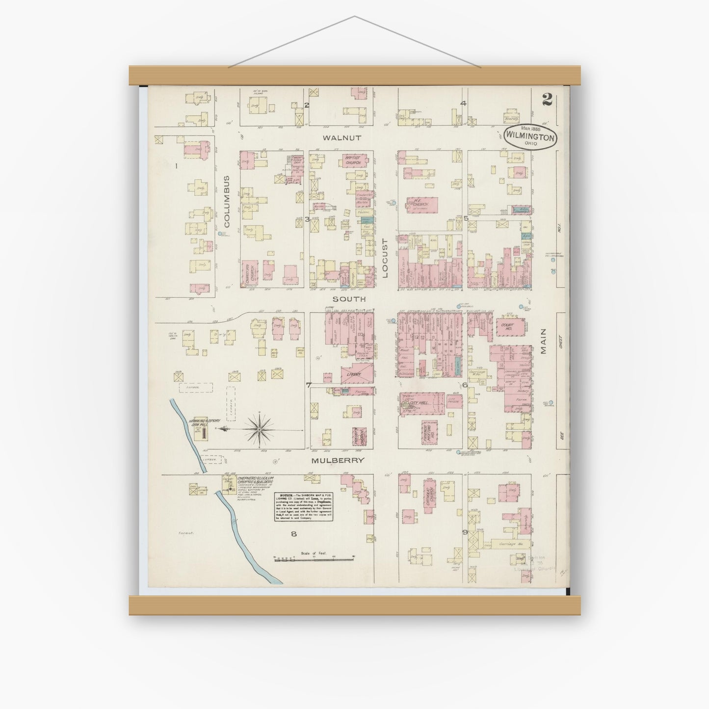 Old map wall art mockup — magnetic wood frame on white wall — Sanborn Fire Insurance Map from Wilmington, Clinton County, Ohio (1885), Sheet #0002