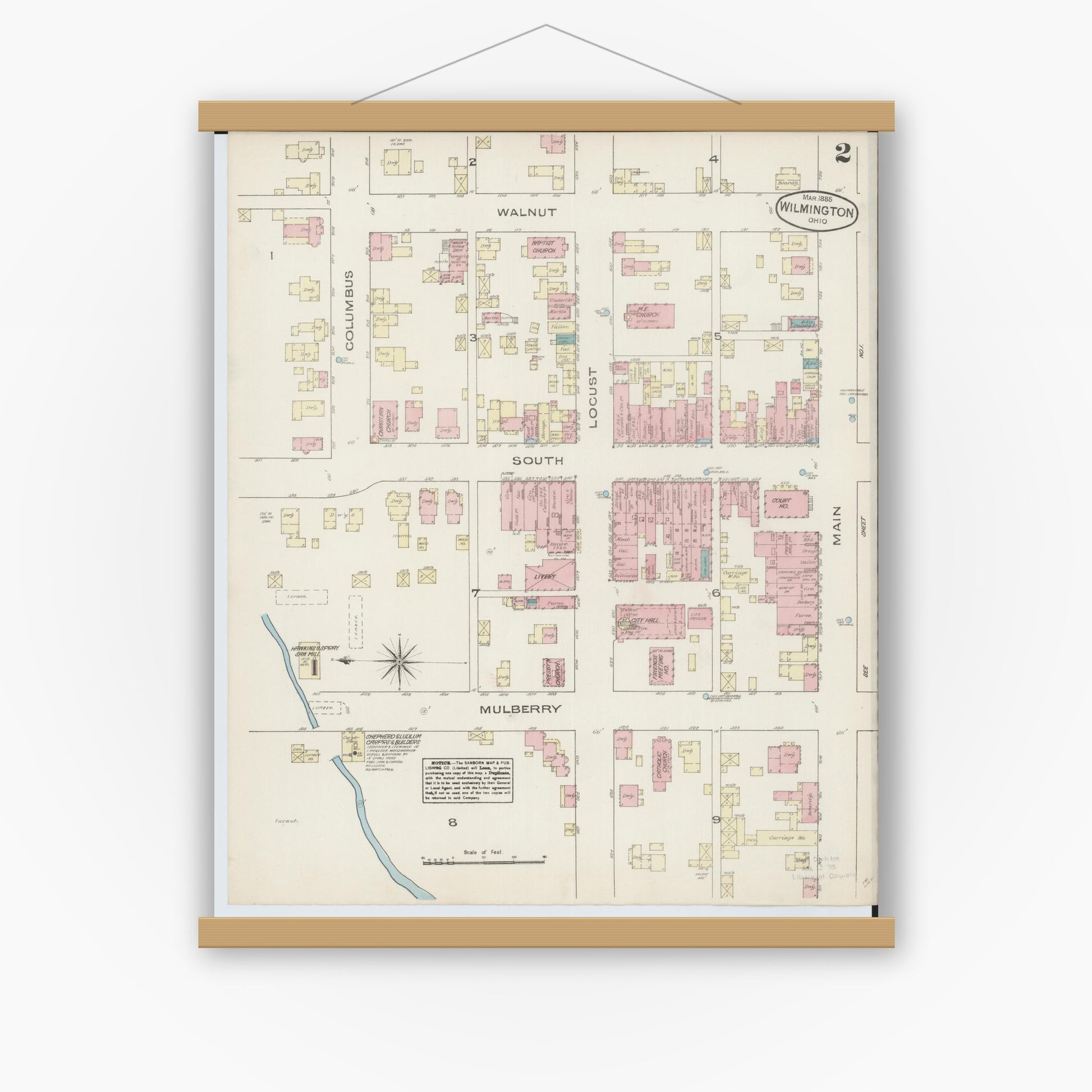 Old map wall art mockup — magnetic wood frame on white wall — Sanborn Fire Insurance Map from Wilmington, Clinton County, Ohio (1885), Sheet #0002