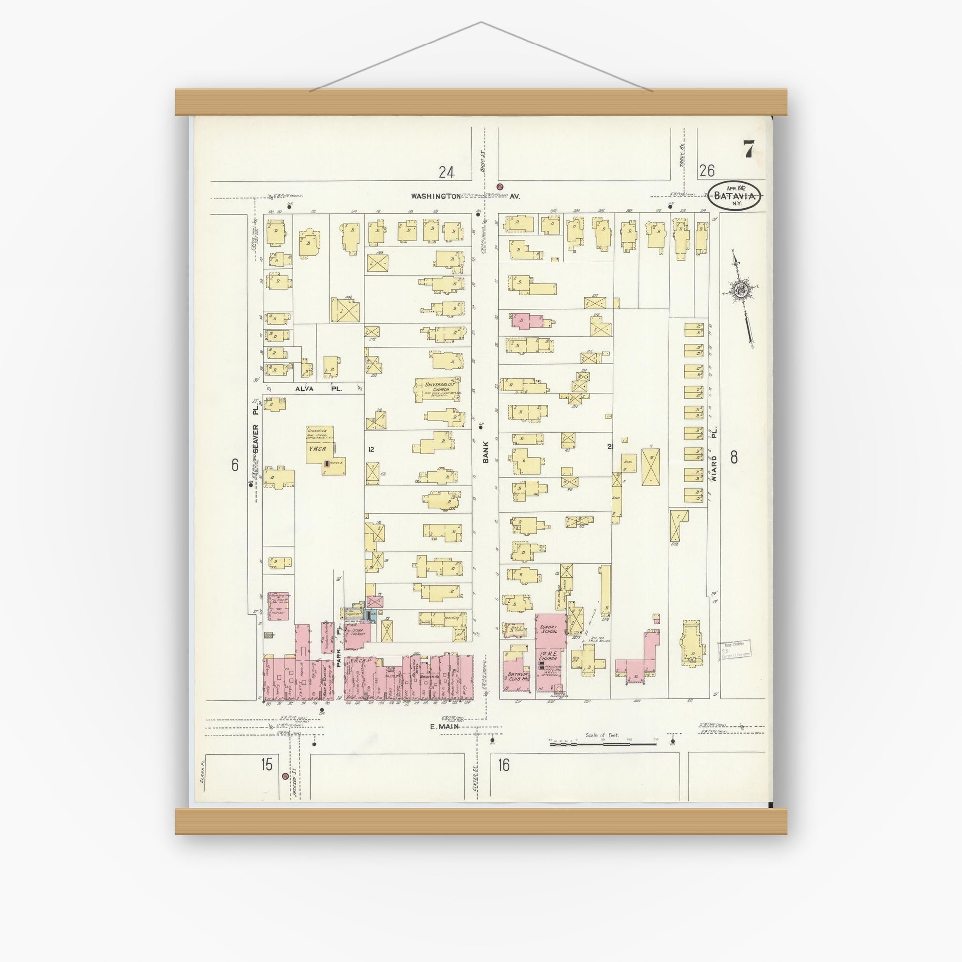 Old map wall art mockup — magnetic wood frame on white wall — Sanborn Fire Insurance Map from Batavia, Genesee County, New York (1912), Sheet #0007