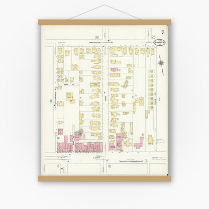Old map wall art mockup — magnetic wood frame on white wall — Sanborn Fire Insurance Map from Batavia, Genesee County, New York (1912), Sheet #0007