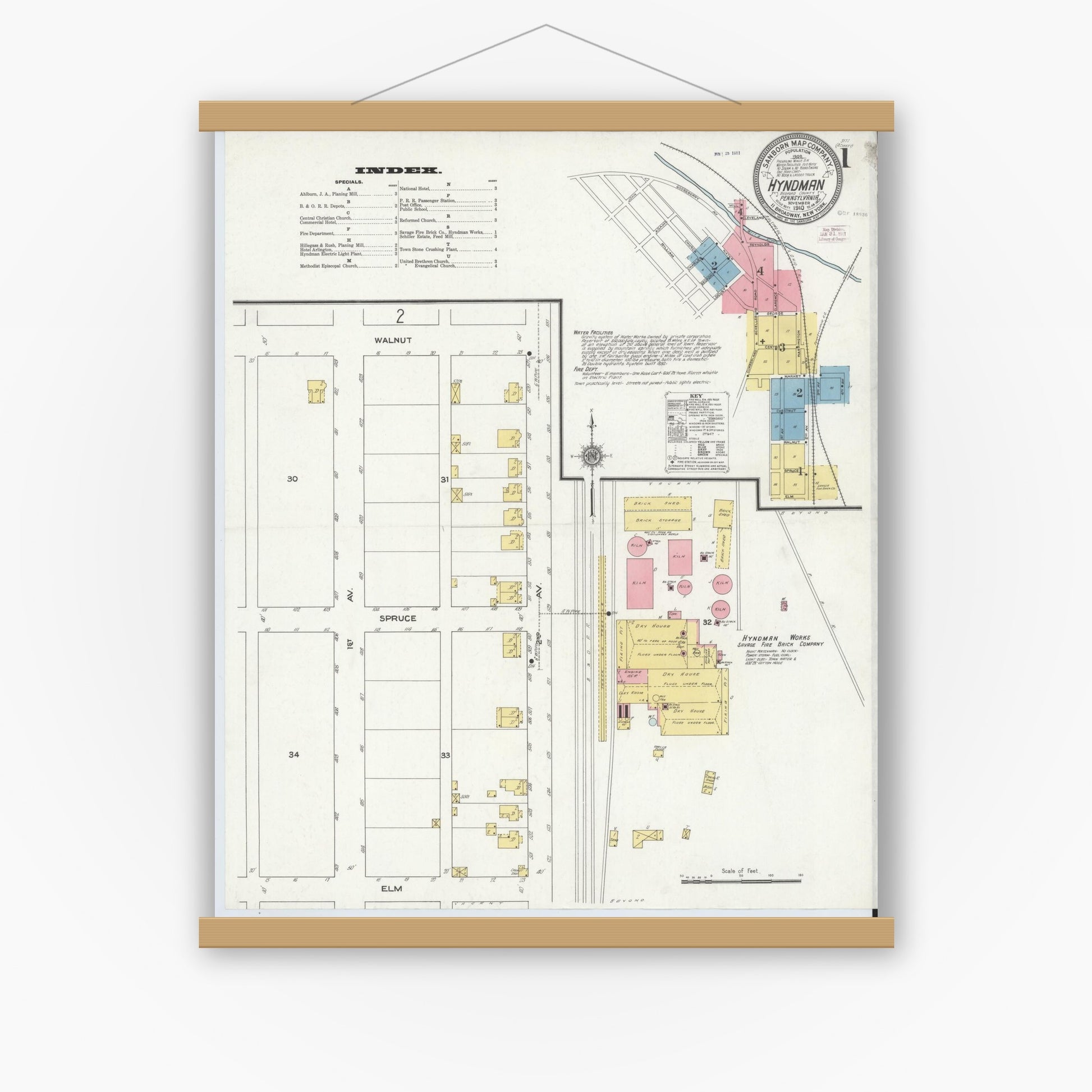 Old map wall art mockup — magnetic wood frame on white wall — Sanborn Fire Insurance Map from Hyndman, Bedford County, Pennsylvania (1910) - Complete Map Set