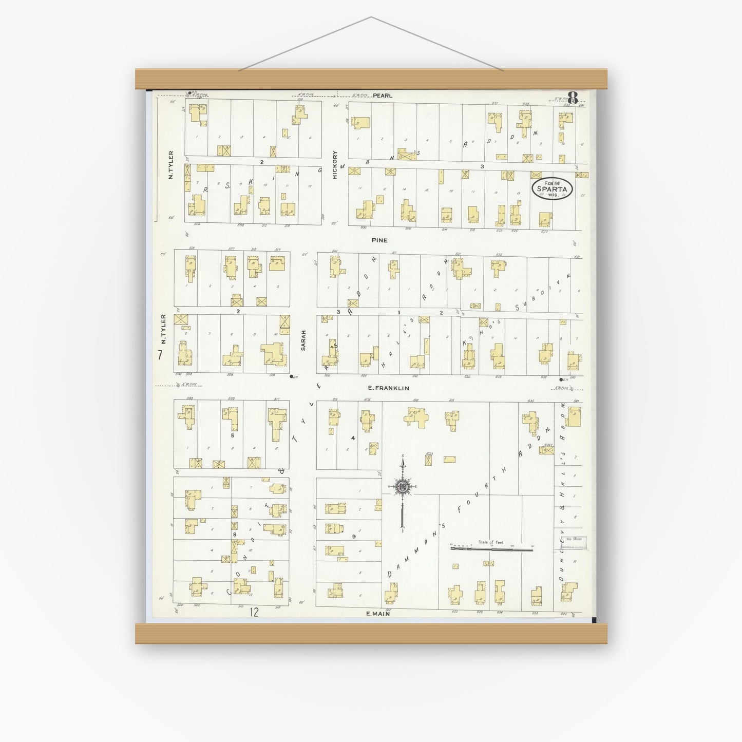Old map wall art mockup — magnetic wood frame on white wall — Sanborn Fire Insurance Map from Sparta, Monroe County, Wisconsin (1911), Sheet #0008