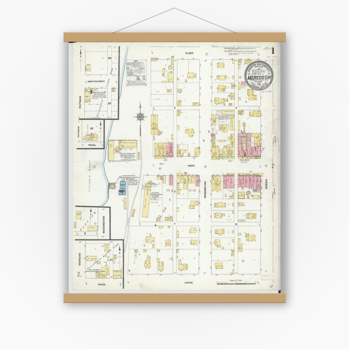 Old map wall art mockup — magnetic wood frame on white wall — Sanborn Fire Insurance Map from Meredosia, Morgan County, Illinois (1910) - Complete Map Set