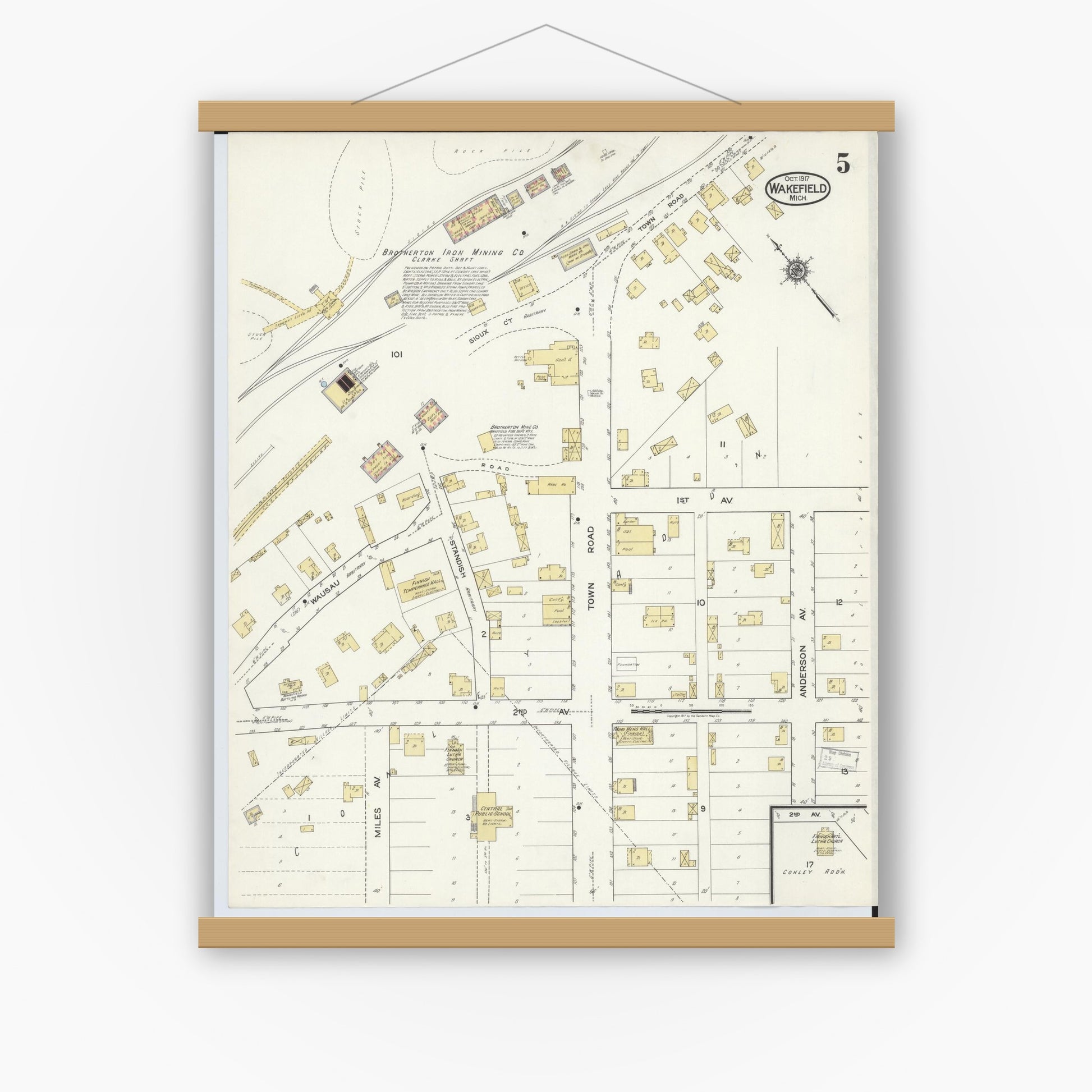 Old map wall art mockup — magnetic wood frame on white wall — Sanborn Fire Insurance Map from Wakefield, Gogebic County, Michigan (1917), Sheet #0005