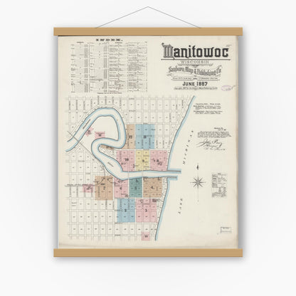 Old map wall art mockup — magnetic wood frame on white wall — Sanborn Fire Insurance Map from Manitowoc, Manitowoc County, Wisconsin (1887) - Complete Map Set