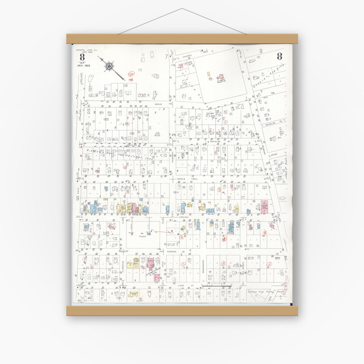 Old map wall art mockup — magnetic wood frame on white wall — Sanborn Fire Insurance Map from Crystal Lake, McHenry County, Illinois (1955), Sheet #0008