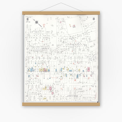 Old map wall art mockup — magnetic wood frame on white wall — Sanborn Fire Insurance Map from Crystal Lake, McHenry County, Illinois (1955), Sheet #0008