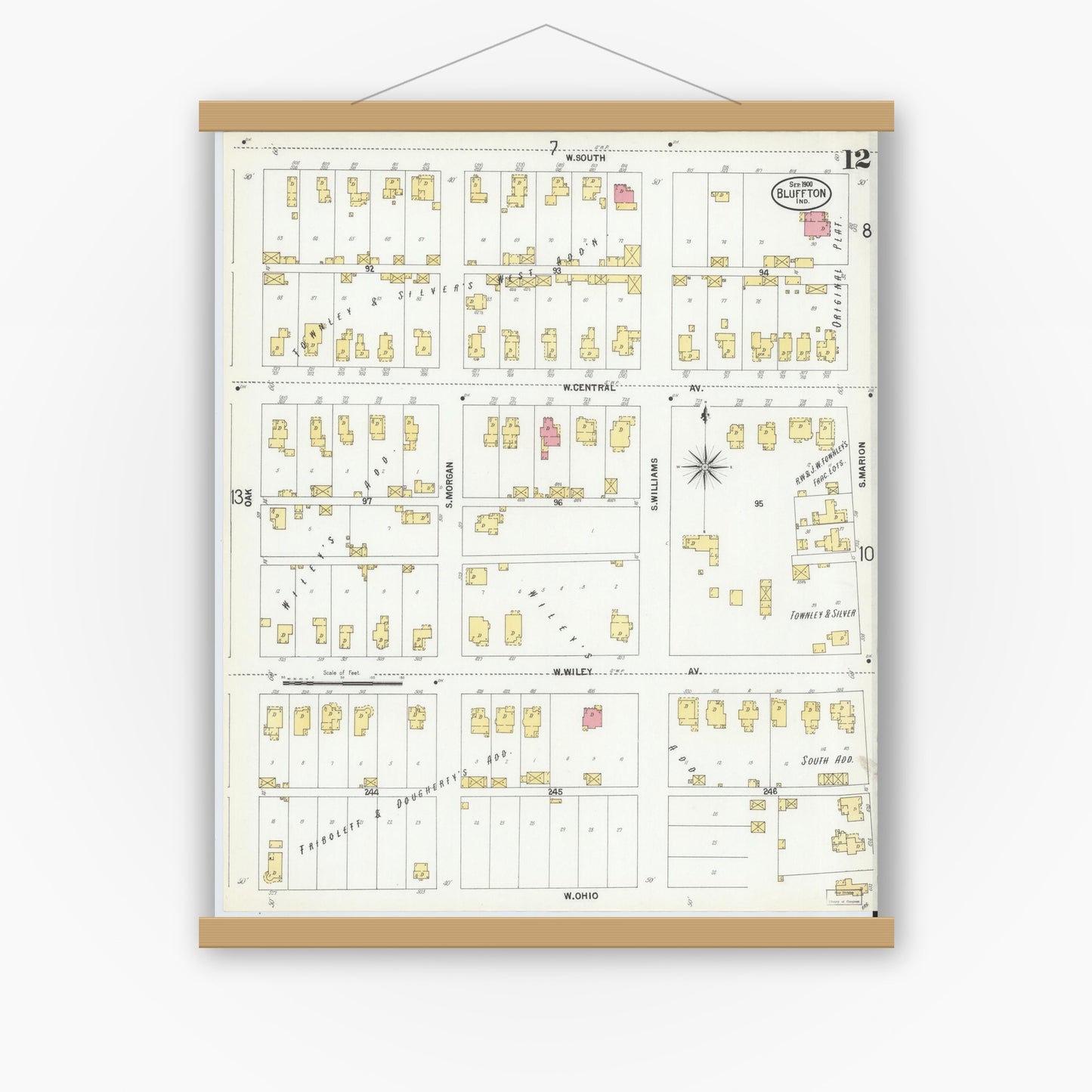 Old map wall art mockup — magnetic wood frame on white wall — Sanborn Fire Insurance Map from Bluffton, Wells County, Indiana (1900), Sheet #0012