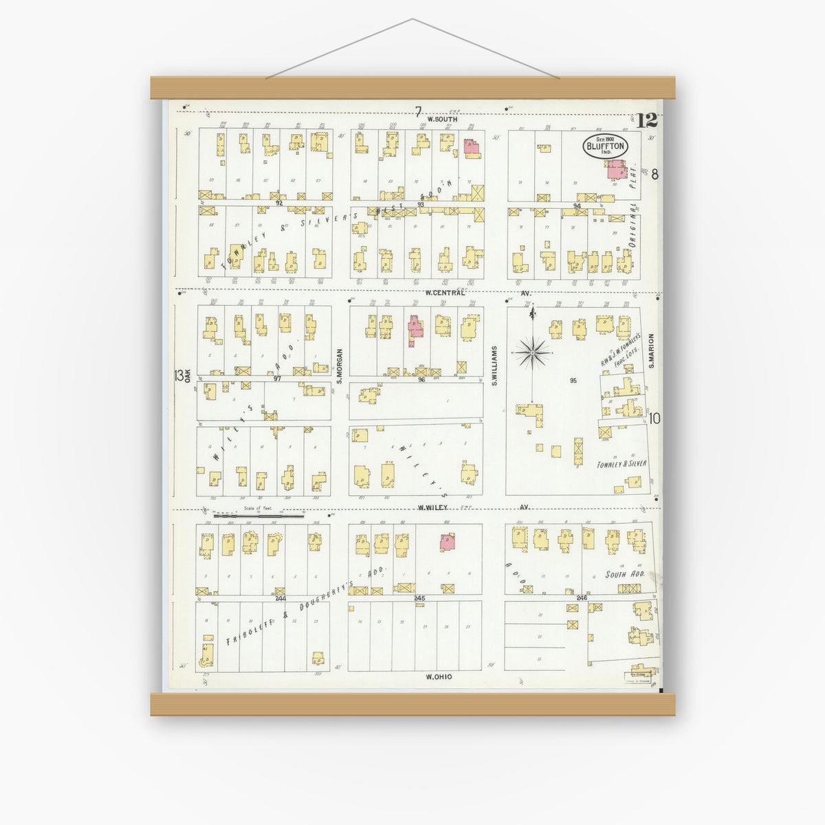 Old map wall art mockup — magnetic wood frame on white wall — Sanborn Fire Insurance Map from Bluffton, Wells County, Indiana (1900), Sheet #0012
