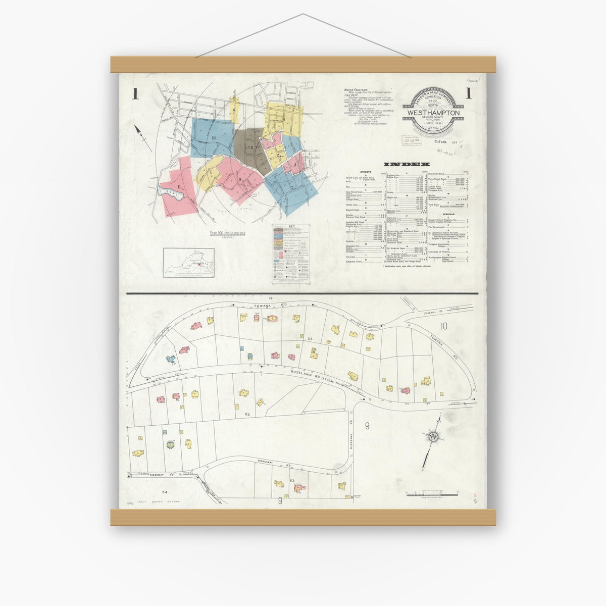 Old map wall art mockup — magnetic wood frame on white wall — Sanborn Fire Insurance Map from Westhampton, Henrico County, Virginia (1931) - Complete Map Set