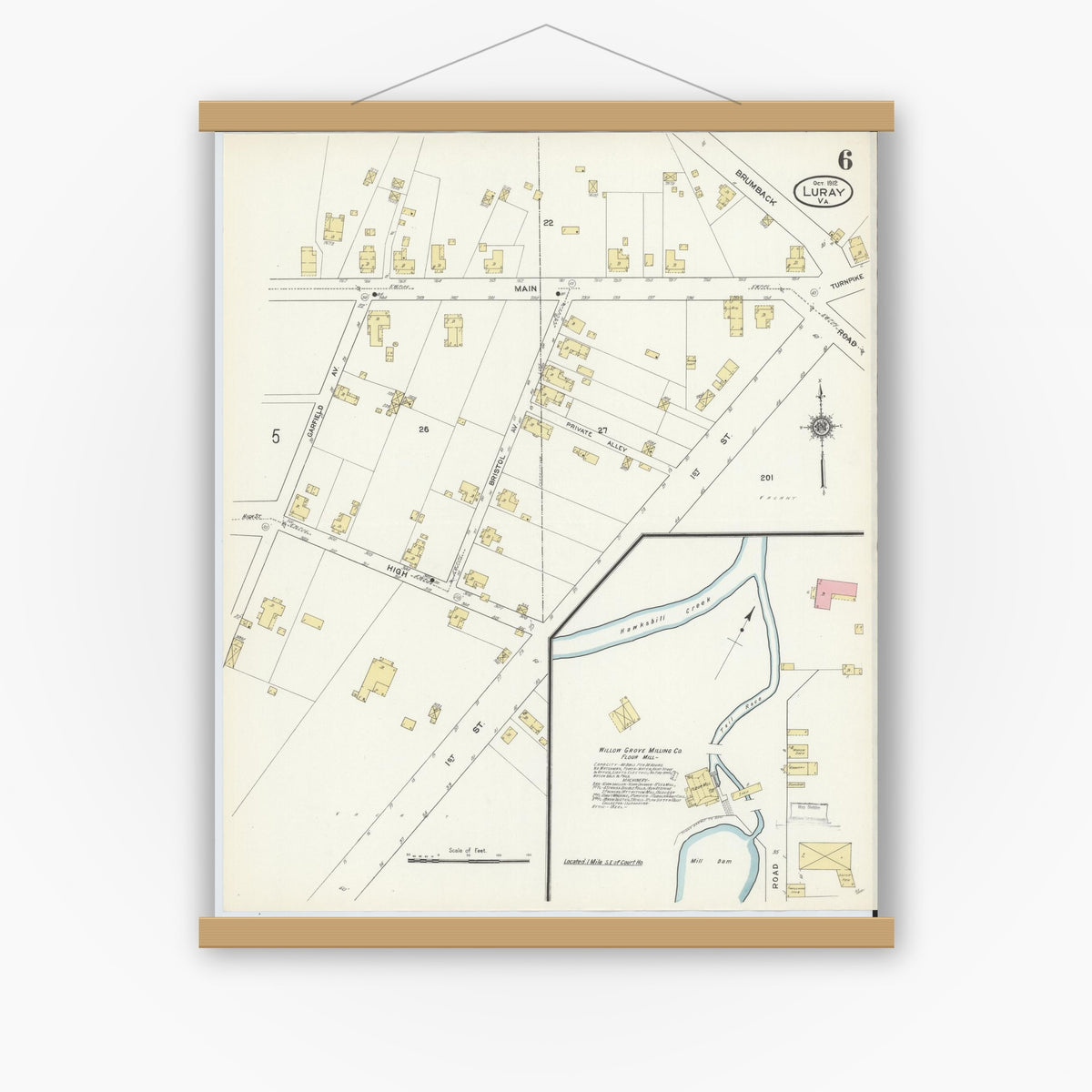 Old map wall art mockup — magnetic wood frame on white wall — Sanborn Fire Insurance Map from Luray, Page County, Virginia (1912), Sheet #0006