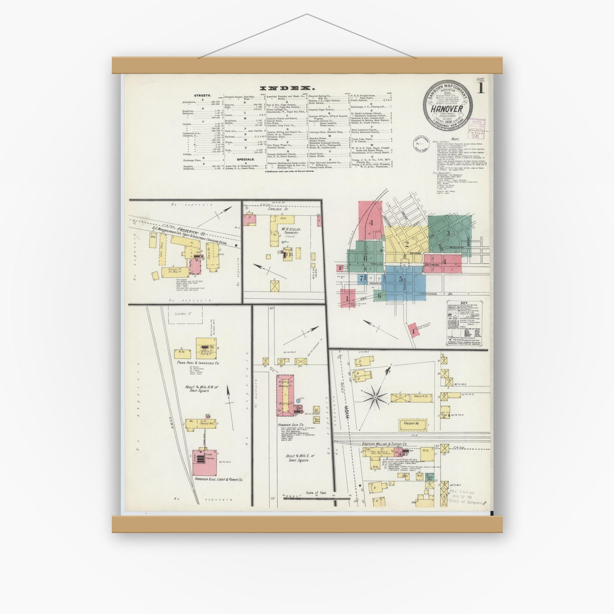 Old map wall art mockup — magnetic wood frame on white wall — Sanborn Fire Insurance Map from Hanover, York County, Pennsylvania (1902), Sheet #0001