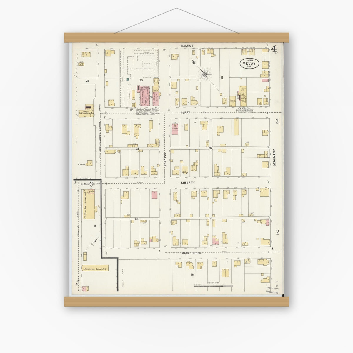 Old map wall art mockup — magnetic wood frame on white wall — Sanborn Fire Insurance Map from Vevay, Switzerland County, Indiana (1899), Sheet #0004
