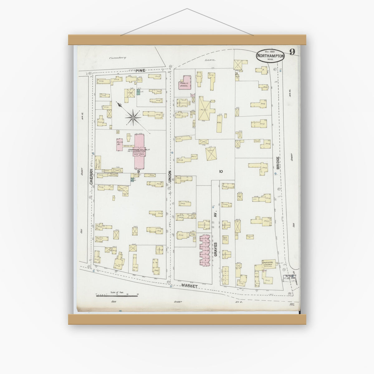 Old map wall art mockup — magnetic wood frame on white wall — Sanborn Fire Insurance Map from Northampton, Hampshire County, Massachusetts (1889), Sheet #0009
