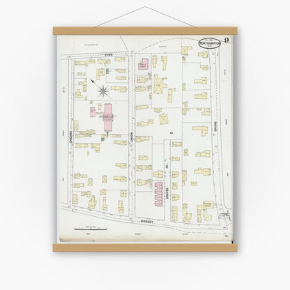 Old map wall art mockup — magnetic wood frame on white wall — Sanborn Fire Insurance Map from Northampton, Hampshire County, Massachusetts (1889), Sheet #0009