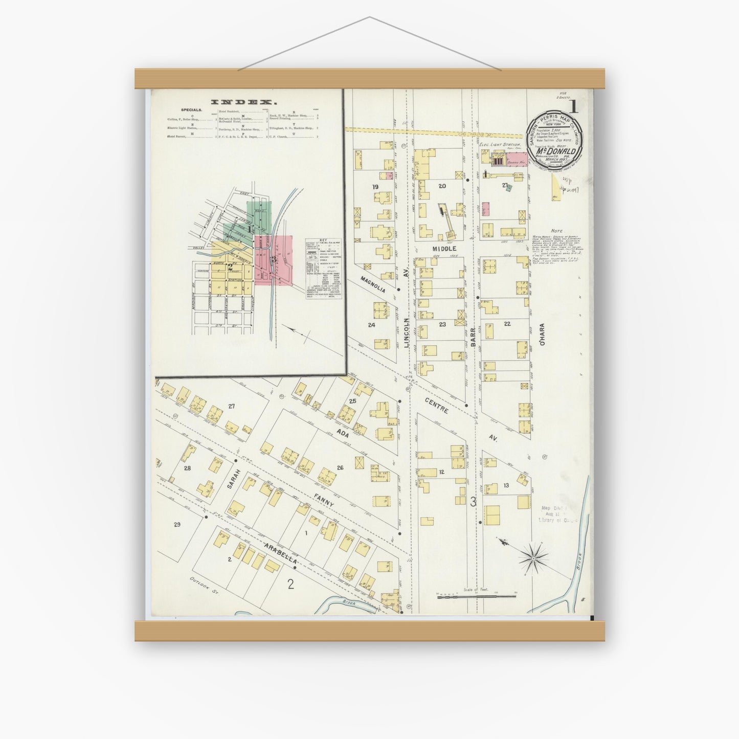 Old map wall art mockup — magnetic wood frame on white wall — Sanborn Fire Insurance Map from McDonald, Washington County, Pennsylvania (1897), Sheet #0001