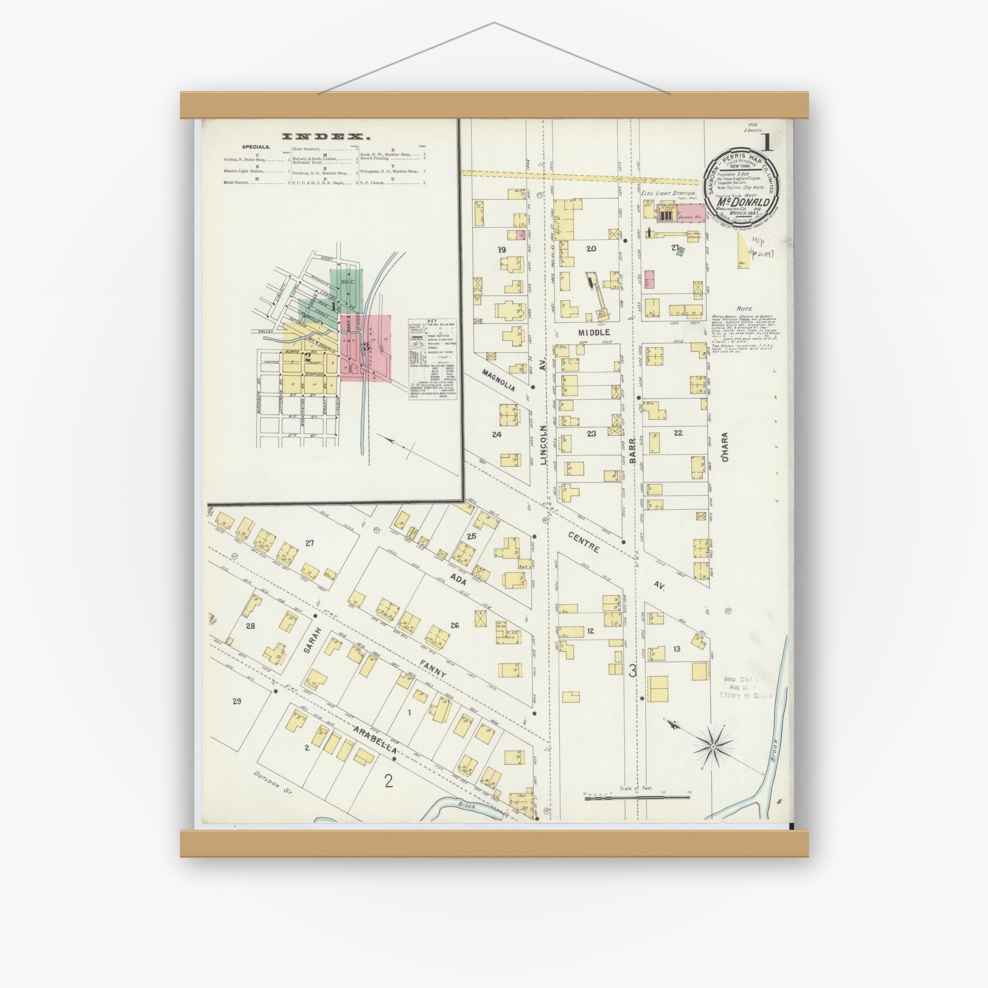 Old map wall art mockup — magnetic wood frame on white wall — Sanborn Fire Insurance Map from McDonald, Washington County, Pennsylvania (1897), Sheet #0001