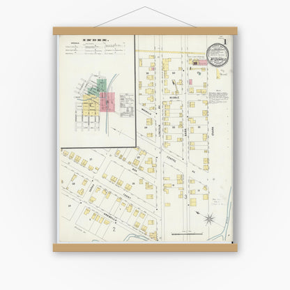 Old map wall art mockup — magnetic wood frame on white wall — Sanborn Fire Insurance Map from McDonald, Washington County, Pennsylvania (1897), Sheet #0001