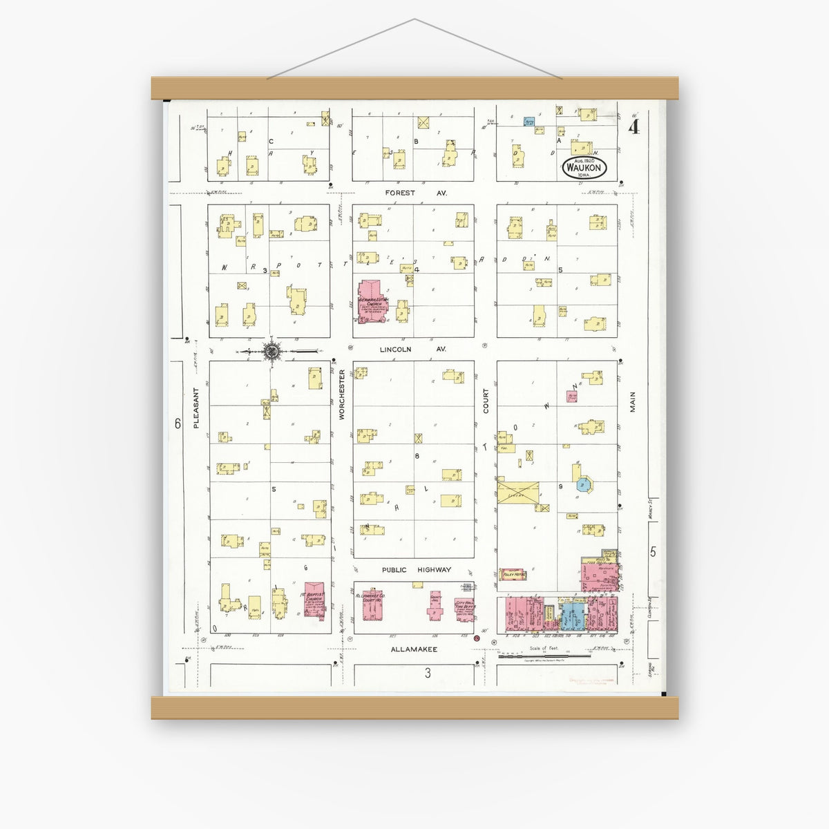 Old map wall art mockup — magnetic wood frame on white wall — Sanborn Fire Insurance Map from Waukon, Allamakee County, Iowa (1920), Sheet #0004