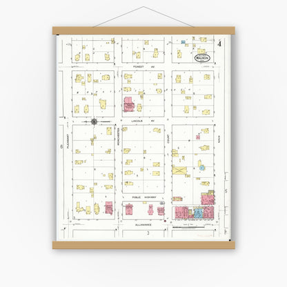 Old map wall art mockup — magnetic wood frame on white wall — Sanborn Fire Insurance Map from Waukon, Allamakee County, Iowa (1920), Sheet #0004