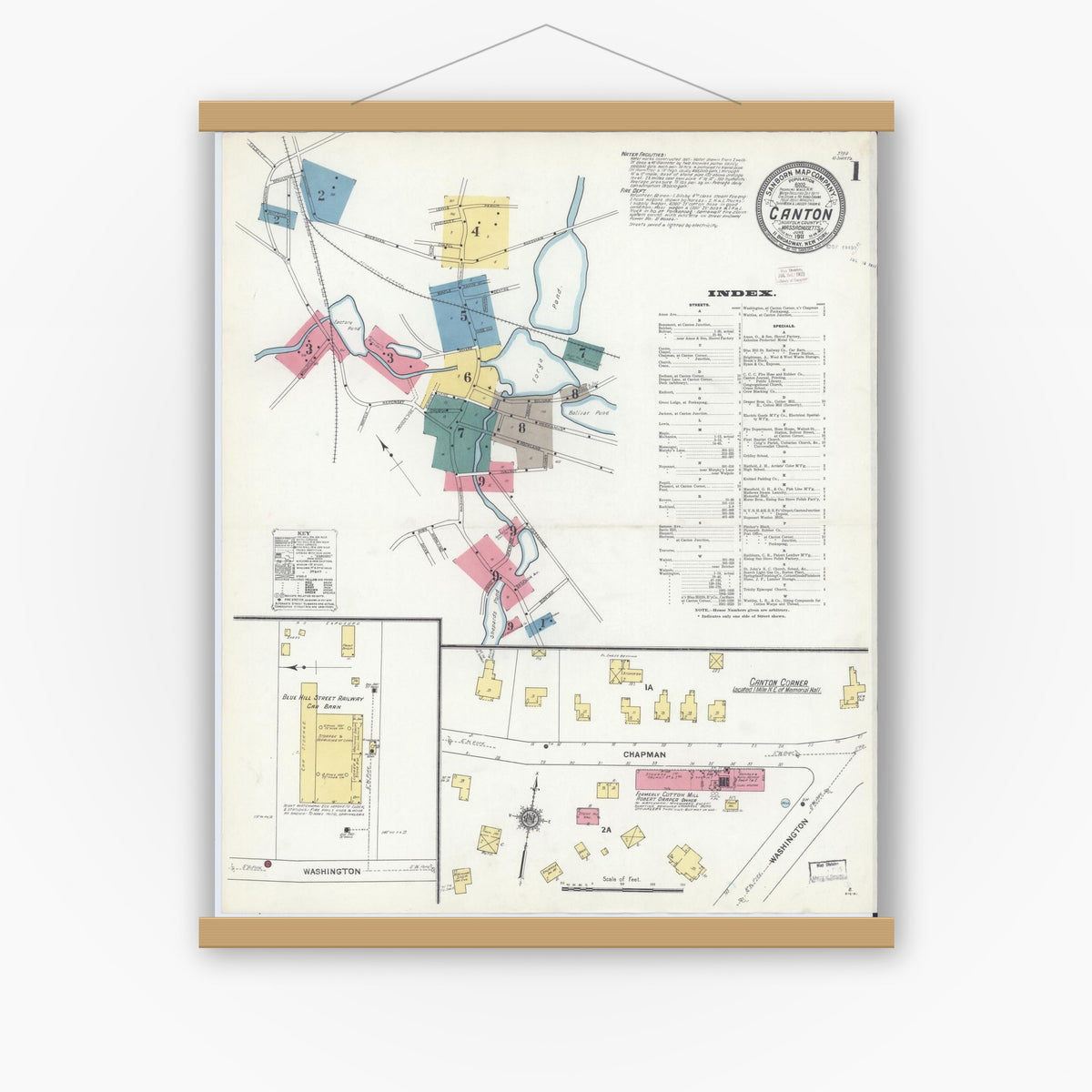 Old map wall art mockup — magnetic wood frame on white wall — Sanborn Fire Insurance Map from Canton, Norfolk County, Massachusetts (1911) - Complete Map Set