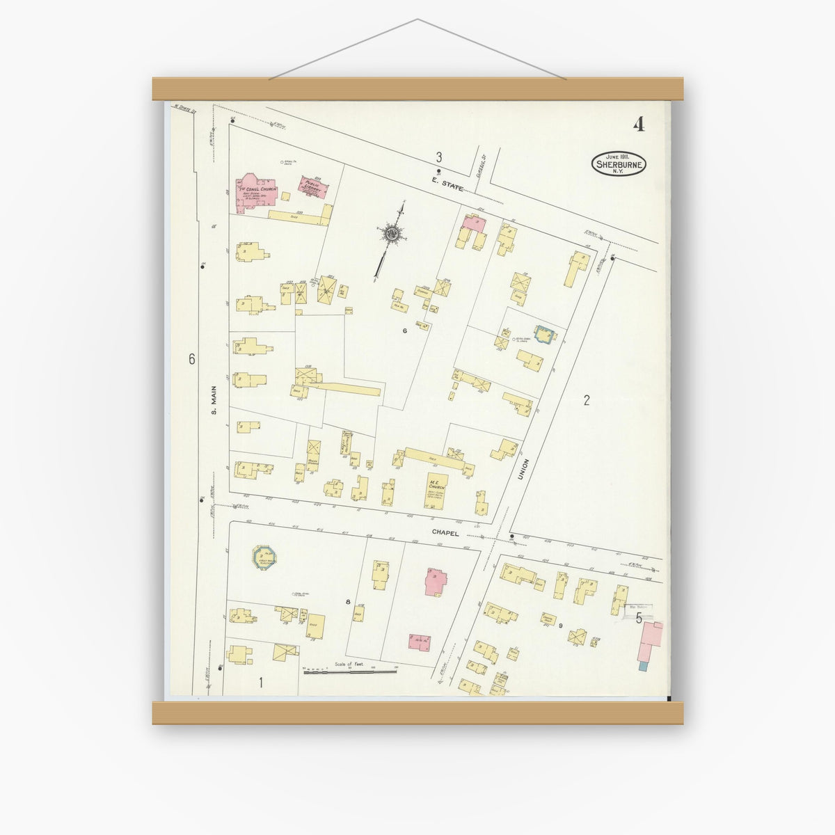 Old map wall art mockup — magnetic wood frame on white wall — Sanborn Fire Insurance Map from Sherburne, Chenango County, New York (1911), Sheet #0004