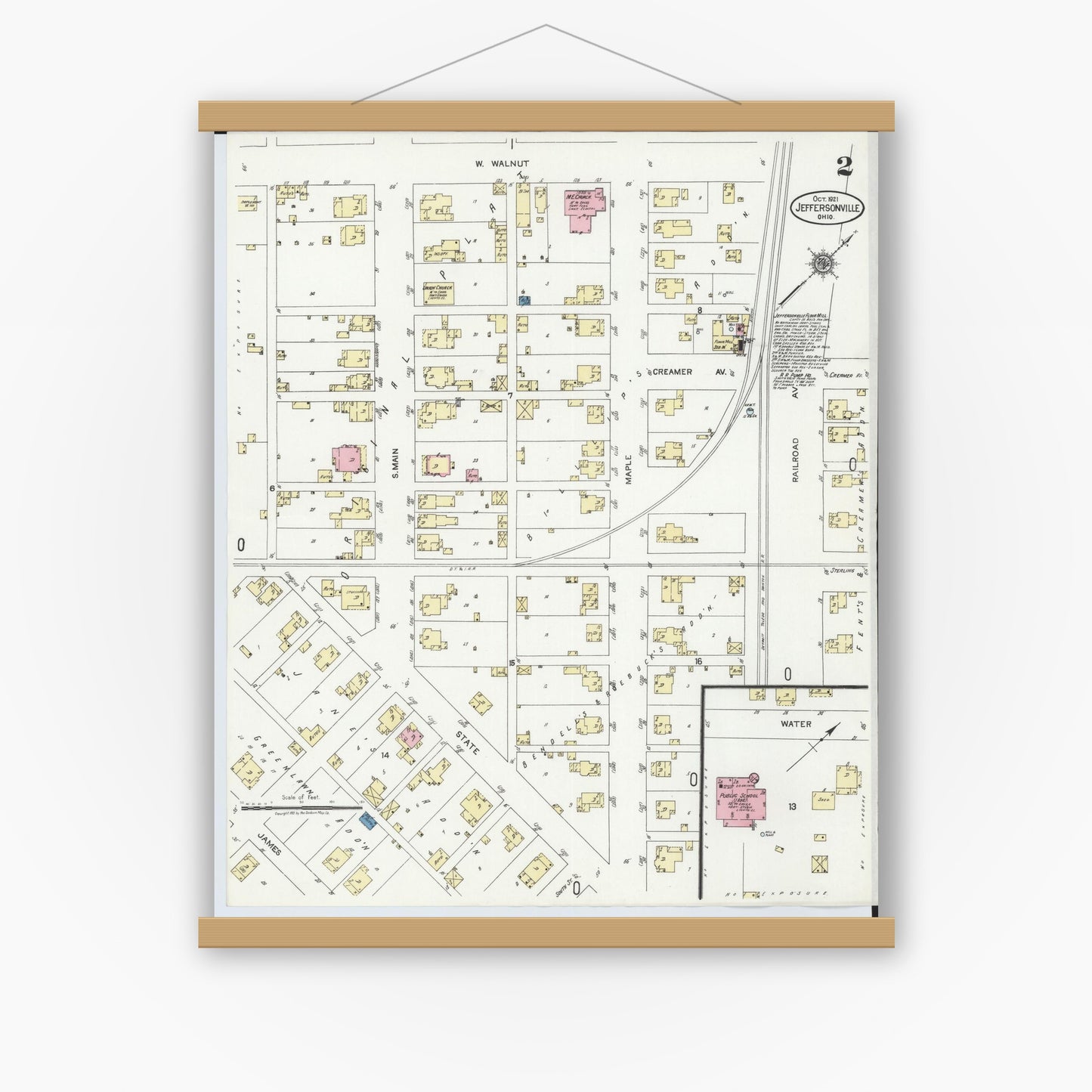 Old map wall art mockup — magnetic wood frame on white wall — Sanborn Fire Insurance Map from Jeffersonville, Fayette County, Ohio (1921), Sheet #0002