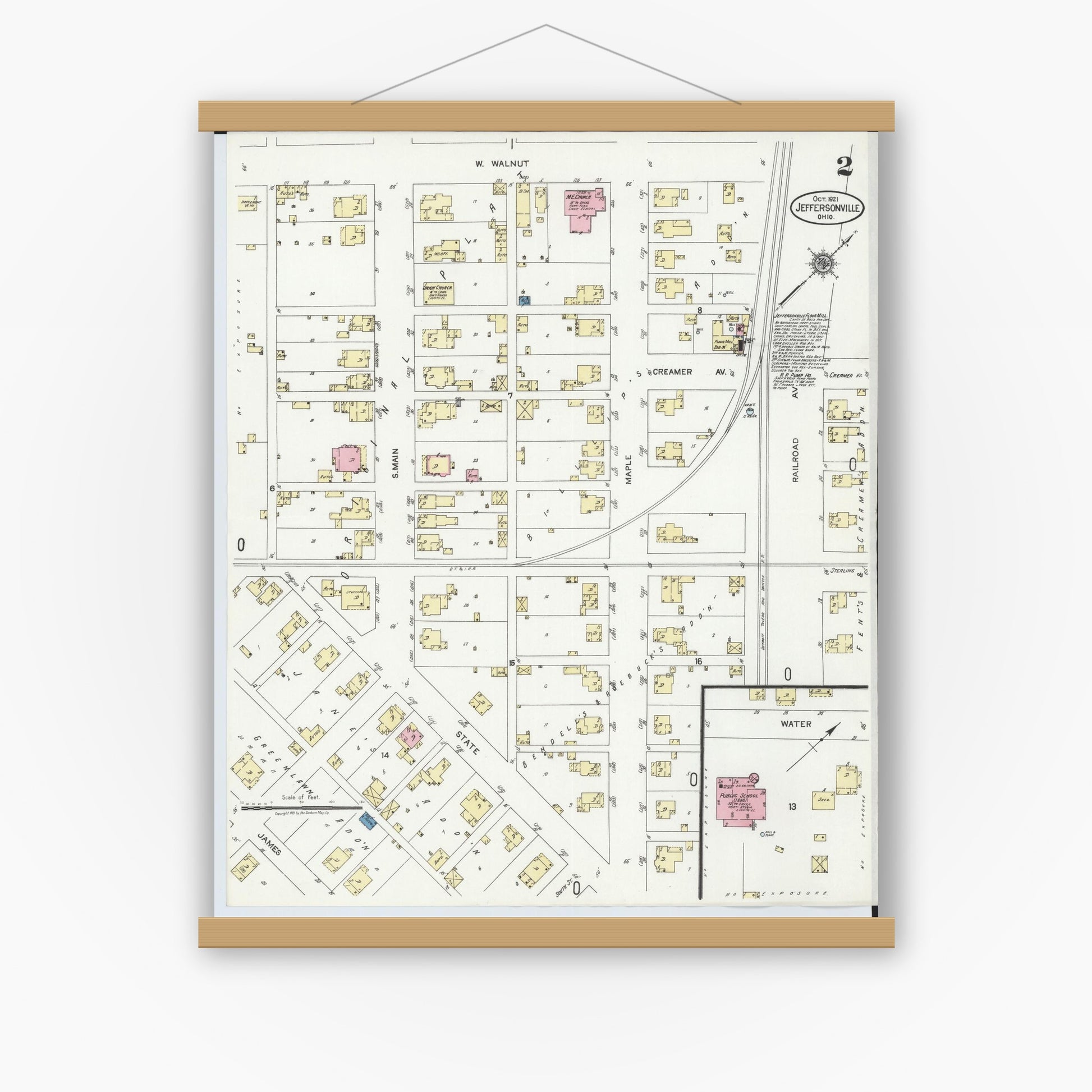 Old map wall art mockup — magnetic wood frame on white wall — Sanborn Fire Insurance Map from Jeffersonville, Fayette County, Ohio (1921), Sheet #0002
