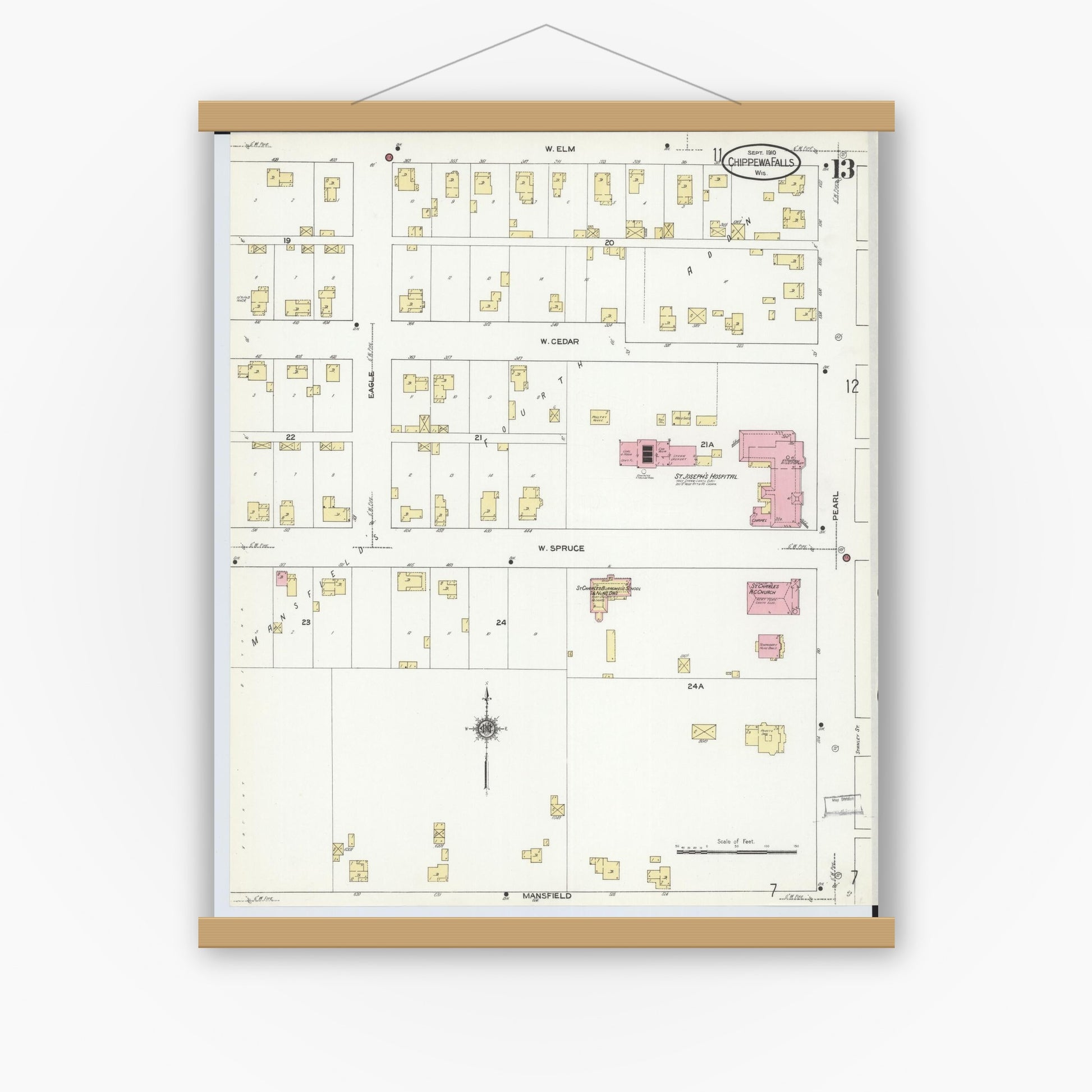 Old map wall art mockup — magnetic wood frame on white wall — Sanborn Fire Insurance Map from Chippewa Falls, Chippewa County, Wisconsin (1910), Sheet #0013
