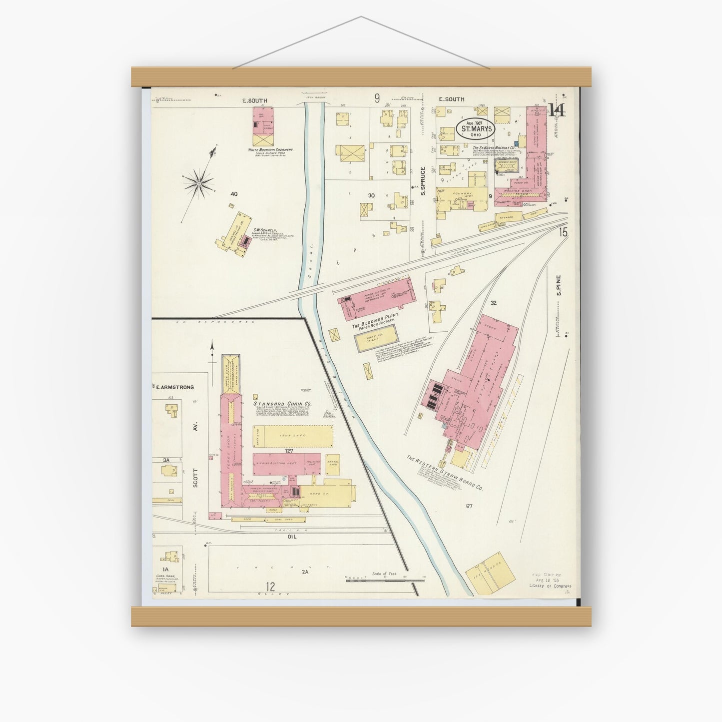 Old map wall art mockup — magnetic wood frame on white wall — Sanborn Fire Insurance Map from Saint Marys, Auglaize County, Ohio (1907), Sheet #0014