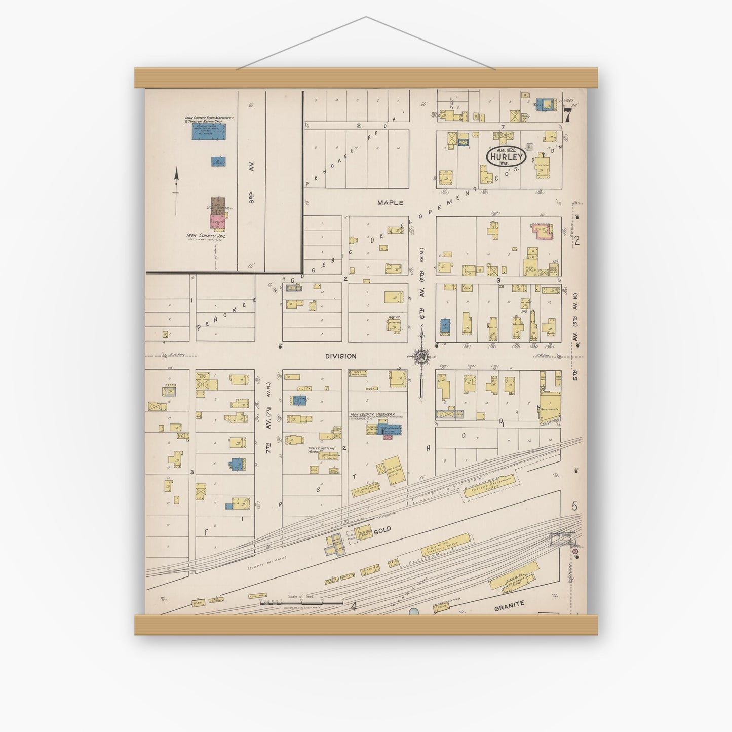Old map wall art mockup — magnetic wood frame on white wall — Sanborn Fire Insurance Map from Hurley, Iron County, Wisconsin (1922), Sheet #0007