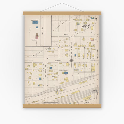 Old map wall art mockup — magnetic wood frame on white wall — Sanborn Fire Insurance Map from Hurley, Iron County, Wisconsin (1922), Sheet #0007