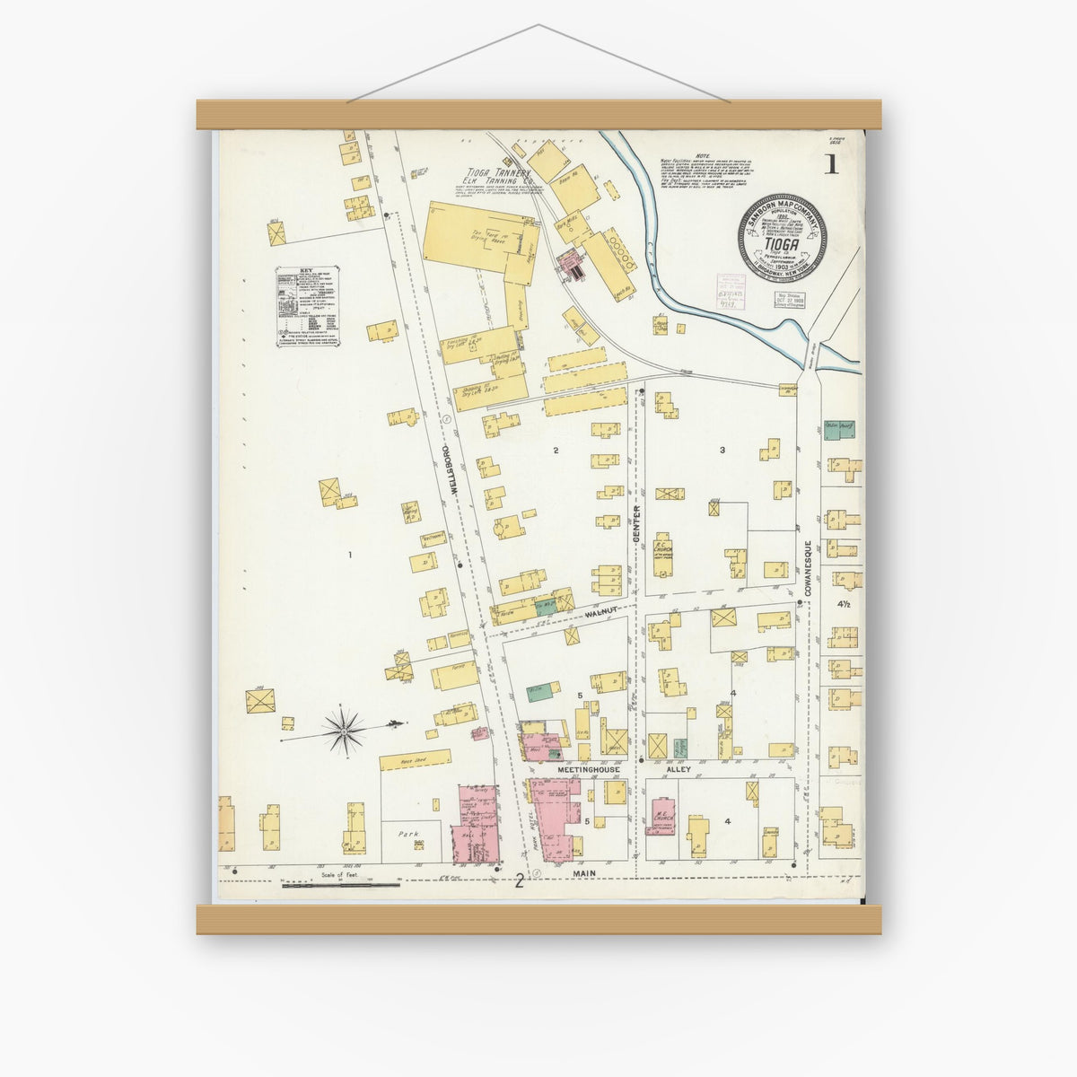 Old map wall art mockup — magnetic wood frame on white wall — Sanborn Fire Insurance Map from Tioga, Tioga County, Pennsylvania (1903), Sheet #0001