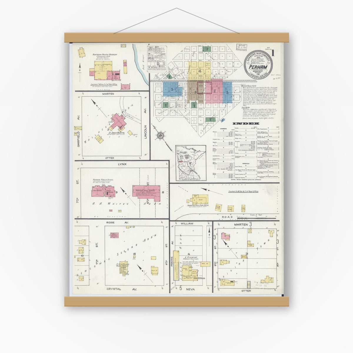 Old map wall art mockup — magnetic wood frame on white wall — Sanborn Fire Insurance Map from Perham, Otter Tail County, Minnesota (1916) - Complete Map Set