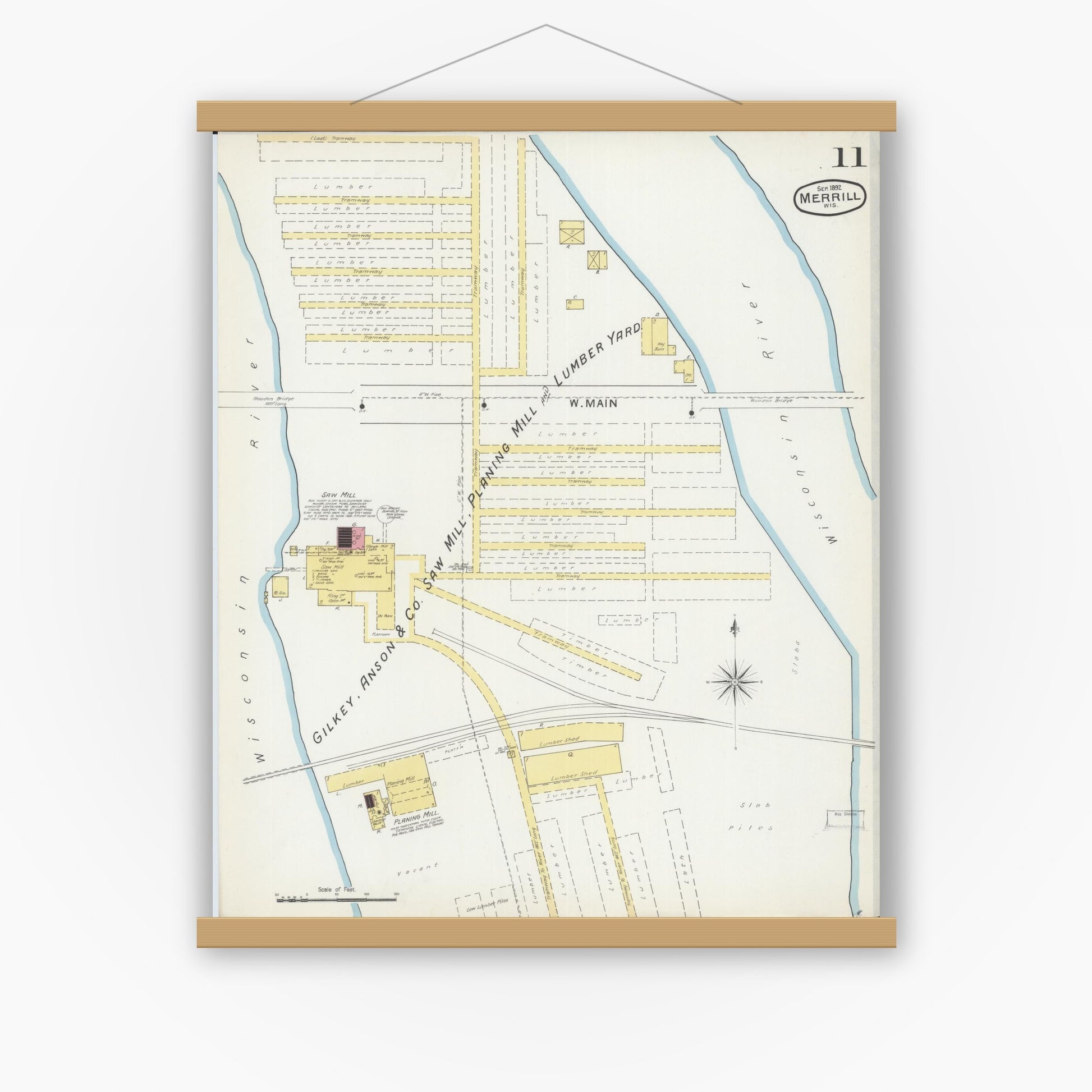 Old map wall art mockup — magnetic wood frame on white wall — Sanborn Fire Insurance Map from Merrill, Lincoln County, Wisconsin (1892), Sheet #0011