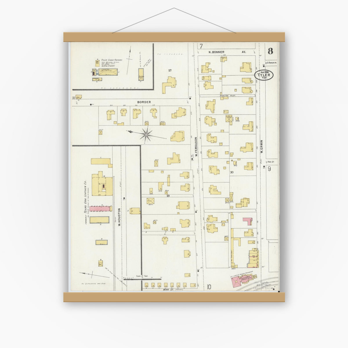Old map wall art mockup — magnetic wood frame on white wall — Sanborn Fire Insurance Map from Tyler, Smith County, Texas (1898), Sheet #0008