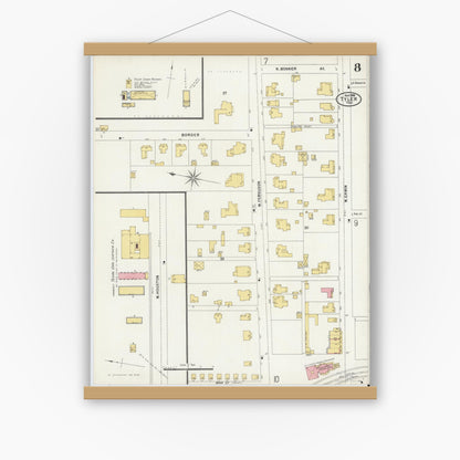 Old map wall art mockup — magnetic wood frame on white wall — Sanborn Fire Insurance Map from Tyler, Smith County, Texas (1898), Sheet #0008