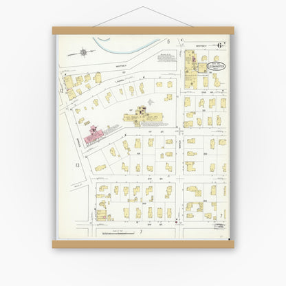 Old map wall art mockup — magnetic wood frame on white wall — Sanborn Fire Insurance Map from Leominster, Worcester County, Massachusetts (1912), Sheet #0006
