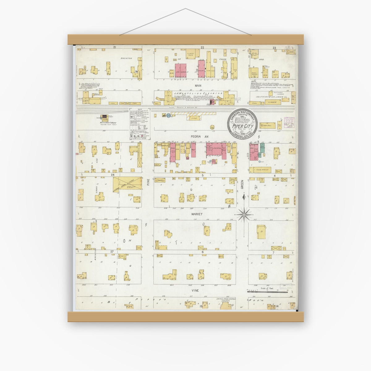 Old map wall art mockup — magnetic wood frame on white wall — Sanborn Fire Insurance Map from Piper City, Ford County, Illinois (1906), Sheet #0001