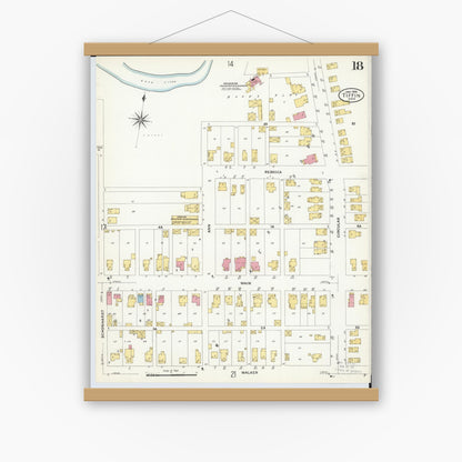 Old map wall art mockup — magnetic wood frame on white wall — Sanborn Fire Insurance Map from Tiffin, Seneca County, Ohio (1908), Sheet #0018