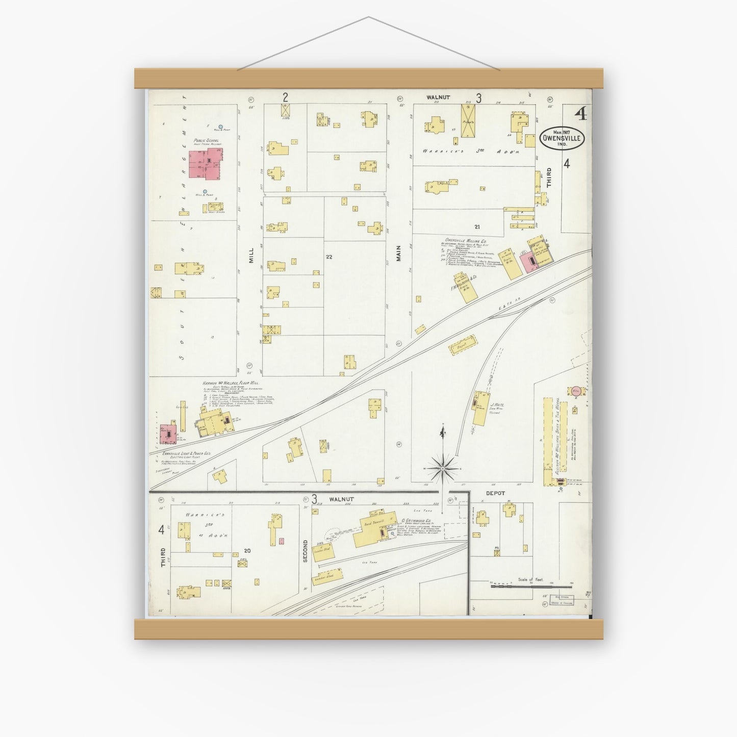 Old map wall art mockup — magnetic wood frame on white wall — Sanborn Fire Insurance Map from Owensville, Gibson County, Indiana (1907), Sheet #0004