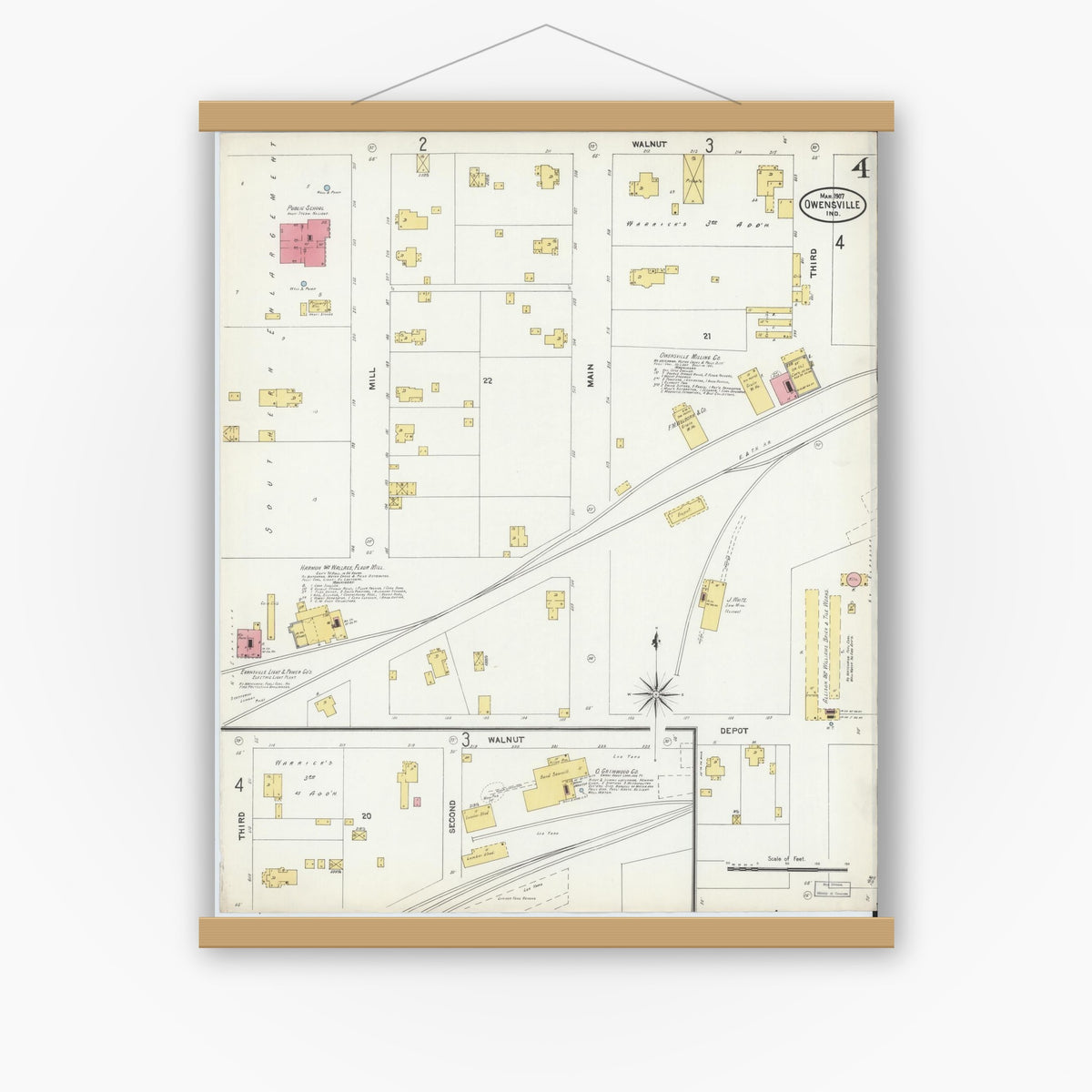 Old map wall art mockup — magnetic wood frame on white wall — Sanborn Fire Insurance Map from Owensville, Gibson County, Indiana (1907), Sheet #0004