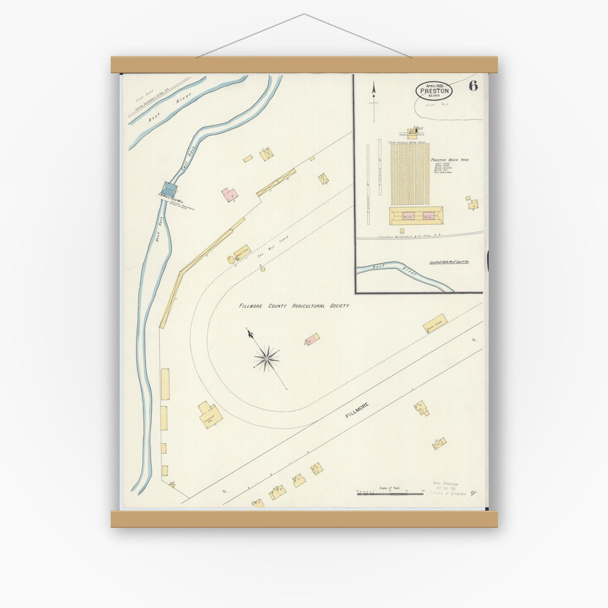 Old map wall art mockup — magnetic wood frame on white wall — Sanborn Fire Insurance Map from Preston, Fillmore County, Minnesota (1909), Sheet #0006