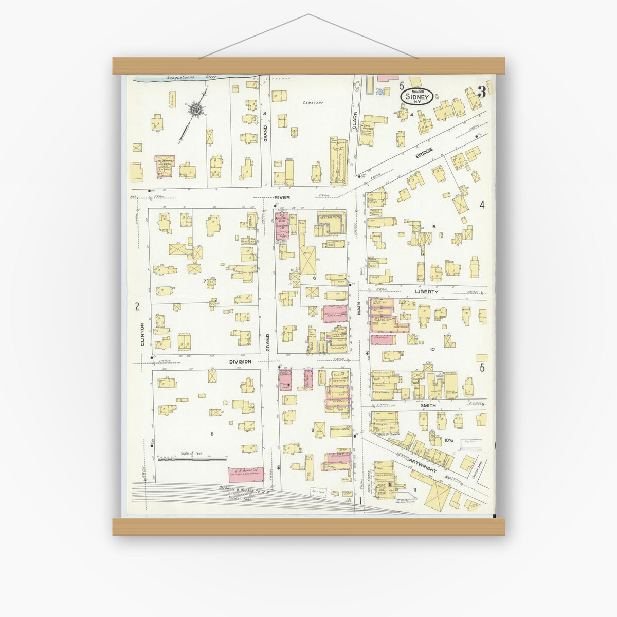 Old map wall art mockup — magnetic wood frame on white wall — Sanborn Fire Insurance Map from Sidney, Delaware County, New York (1910), Sheet #0003