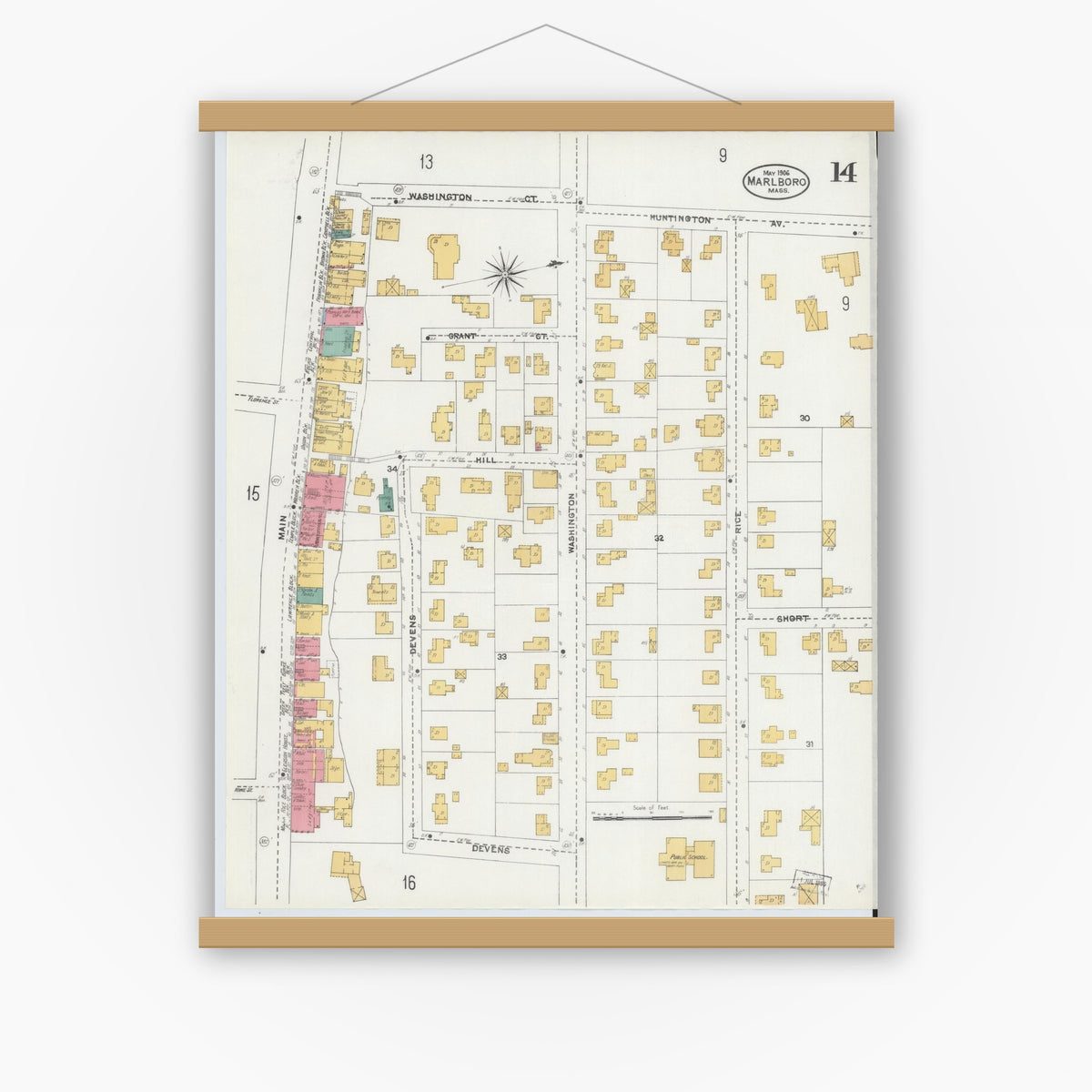 Old map wall art mockup — magnetic wood frame on white wall — Sanborn Fire Insurance Map from Marlborough, Middlesex County, Massachusetts (1906), Sheet #0014