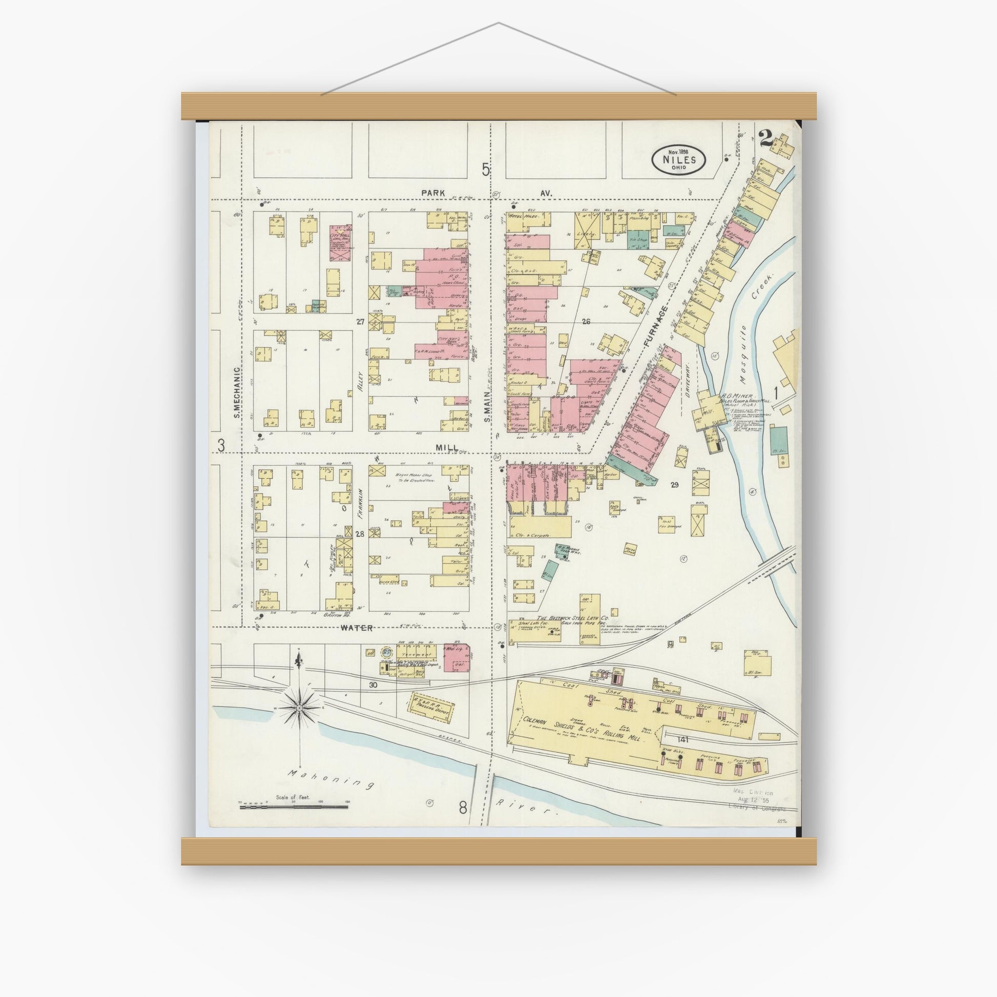 Old map wall art mockup — magnetic wood frame on white wall — Sanborn Fire Insurance Map from Niles, Trumbull County, Ohio (1898), Sheet #0002
