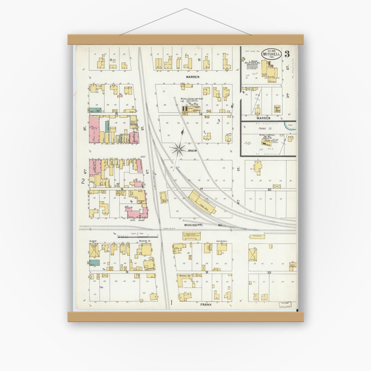 Old map wall art mockup — magnetic wood frame on white wall — Sanborn Fire Insurance Map from Mitchell, Lawrence County, Indiana (1899), Sheet #0003