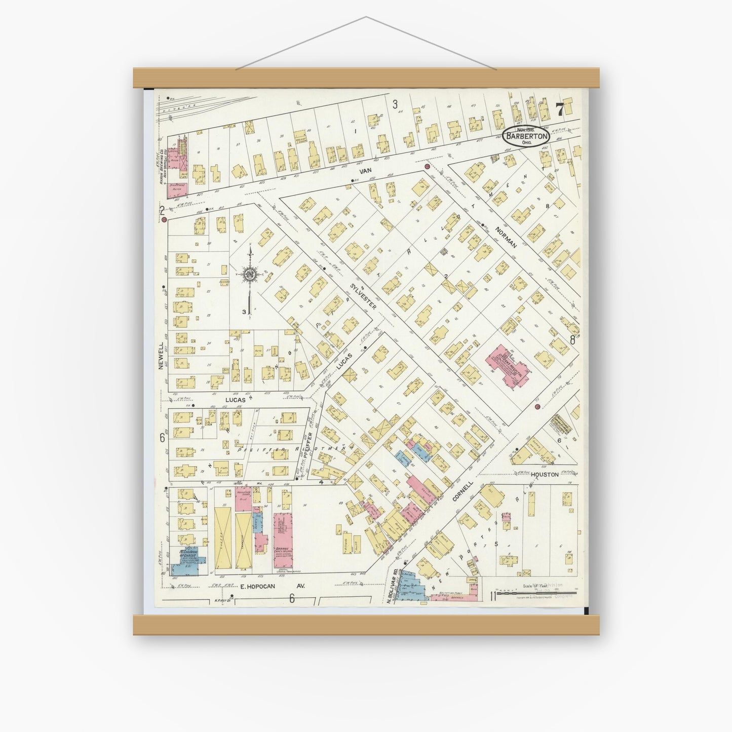 Old map wall art mockup — magnetic wood frame on white wall — Sanborn Fire Insurance Map from Barberton, Summit County, Ohio (1916), Sheet #0007