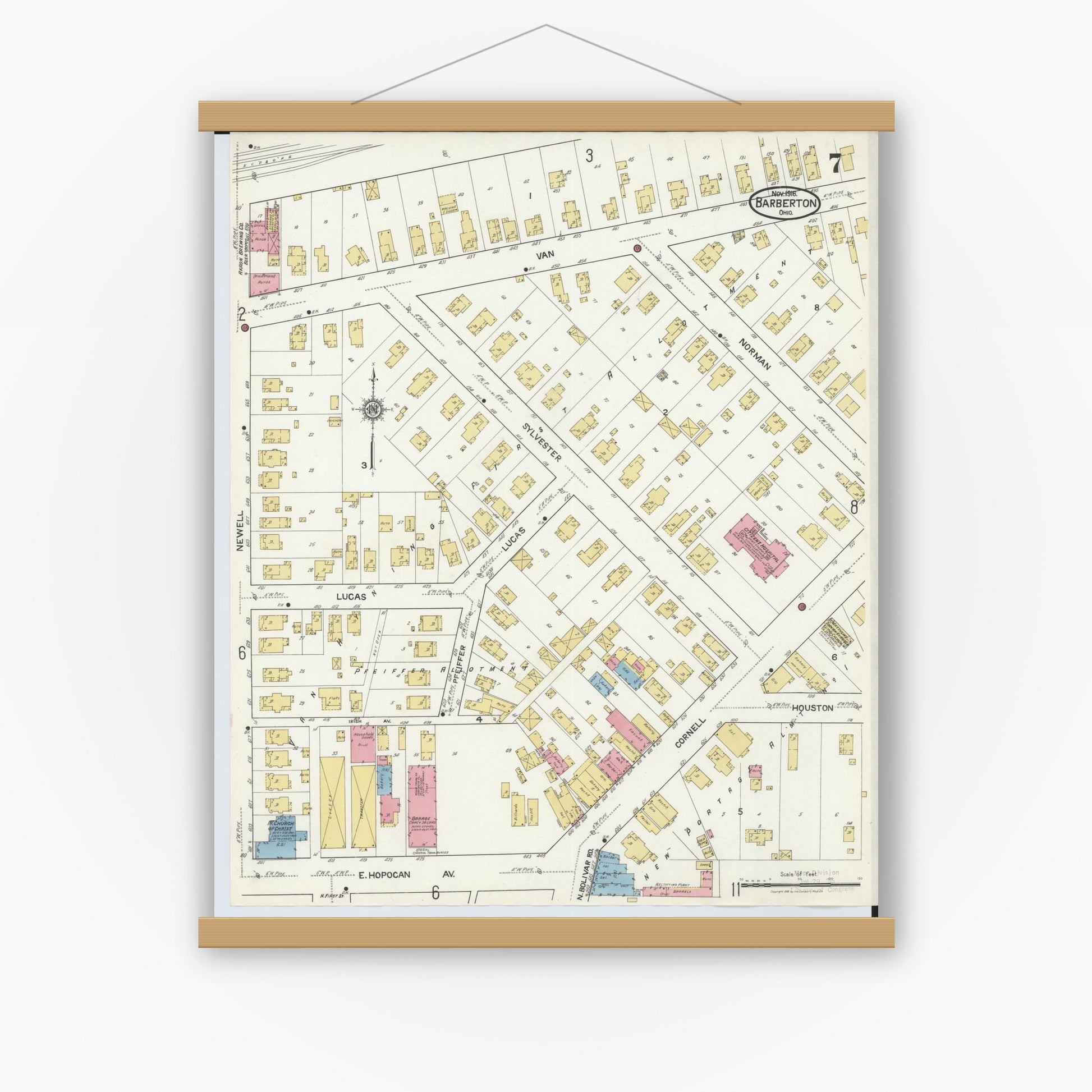 Old map wall art mockup — magnetic wood frame on white wall — Sanborn Fire Insurance Map from Barberton, Summit County, Ohio (1916), Sheet #0007