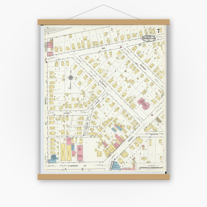 Old map wall art mockup — magnetic wood frame on white wall — Sanborn Fire Insurance Map from Barberton, Summit County, Ohio (1916), Sheet #0007